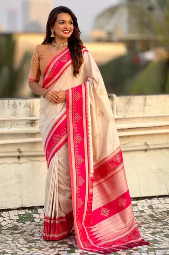 cream soft silk blend woven saree ceremonial looks