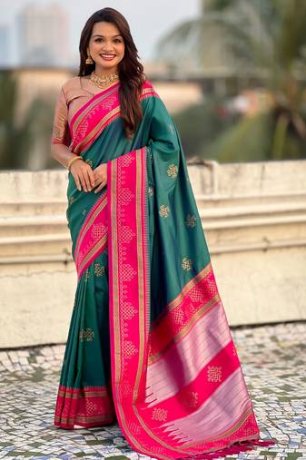 rama color soft silk blend woven designer saree for ceremonial looks