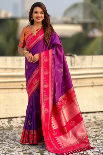purple color soft silk blend woven designer saree for ceremonial looks