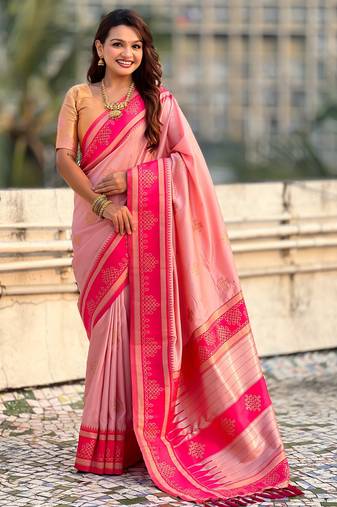 pink color soft silk blend woven designer saree for ceremonial looks