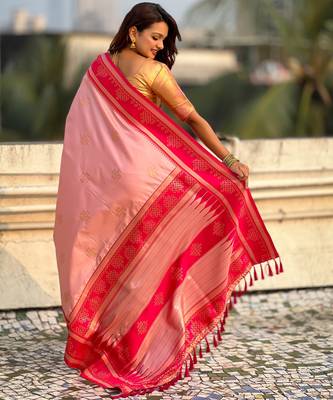 pink soft silk blend woven saree ceremonial looks 2