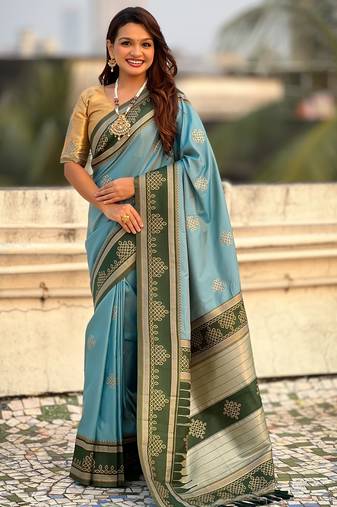 sky blue color soft silk blend woven designer saree for ceremonial looks