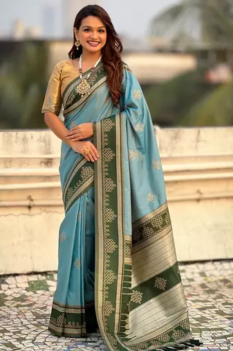 sky blue color soft silk blend woven designer saree for ceremonial looks