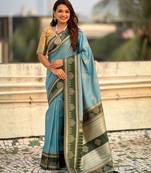 sky blue color soft silk blend woven designer saree for ceremonial looks