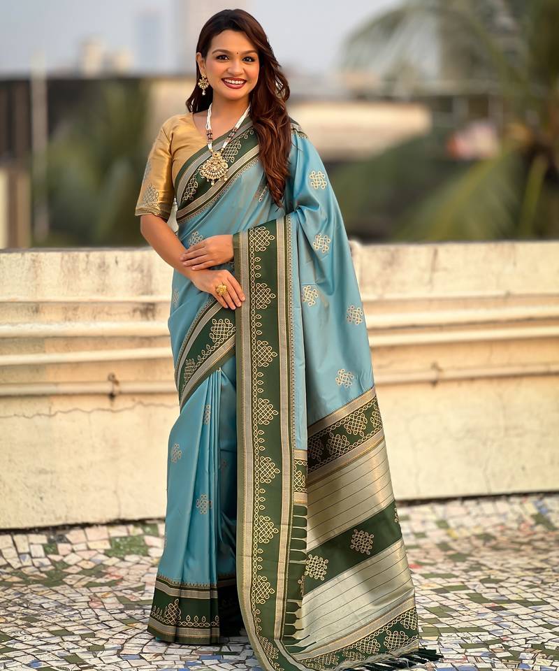sky blue color soft silk blend woven designer saree for ceremonial looks