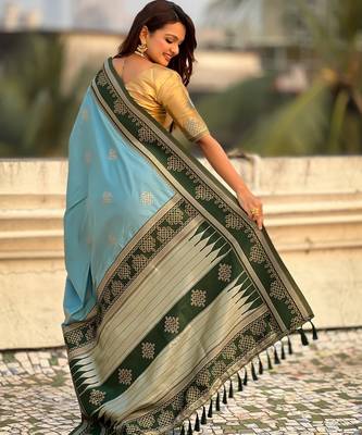 sky blue soft silk blend woven saree ceremonial looks 2