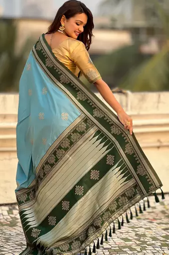 sky blue soft silk blend woven saree ceremonial looks