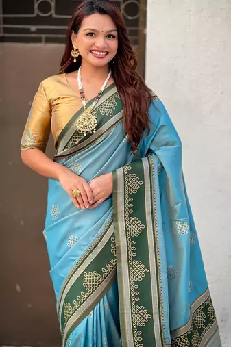 sky blue soft silk blend woven saree ceremonial looks