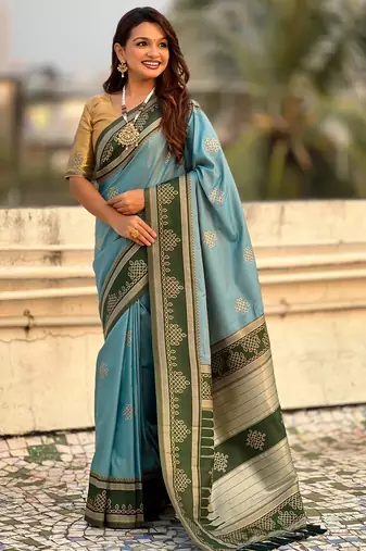 sky blue soft silk blend woven saree ceremonial looks