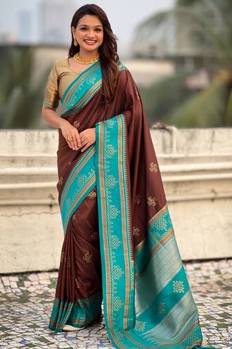 coffee color soft silk blend woven designer saree for ceremonial looks