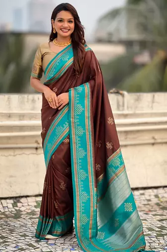 coffee color soft silk blend woven designer saree for ceremonial looks