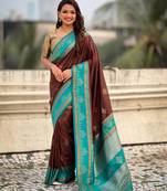 coffee color soft silk blend woven designer saree for ceremonial looks