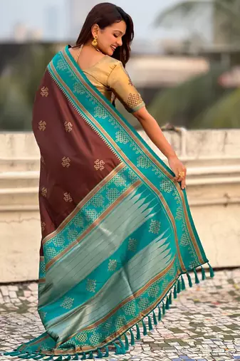 coffee soft silk blend woven saree ceremonial looks