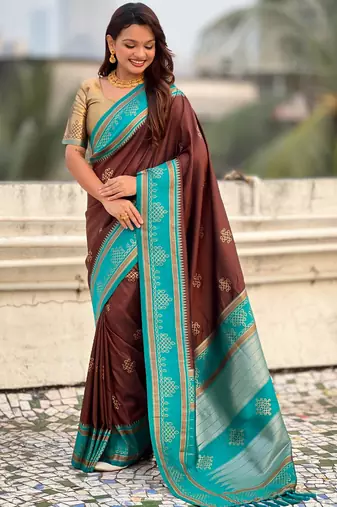 coffee soft silk blend woven saree ceremonial looks