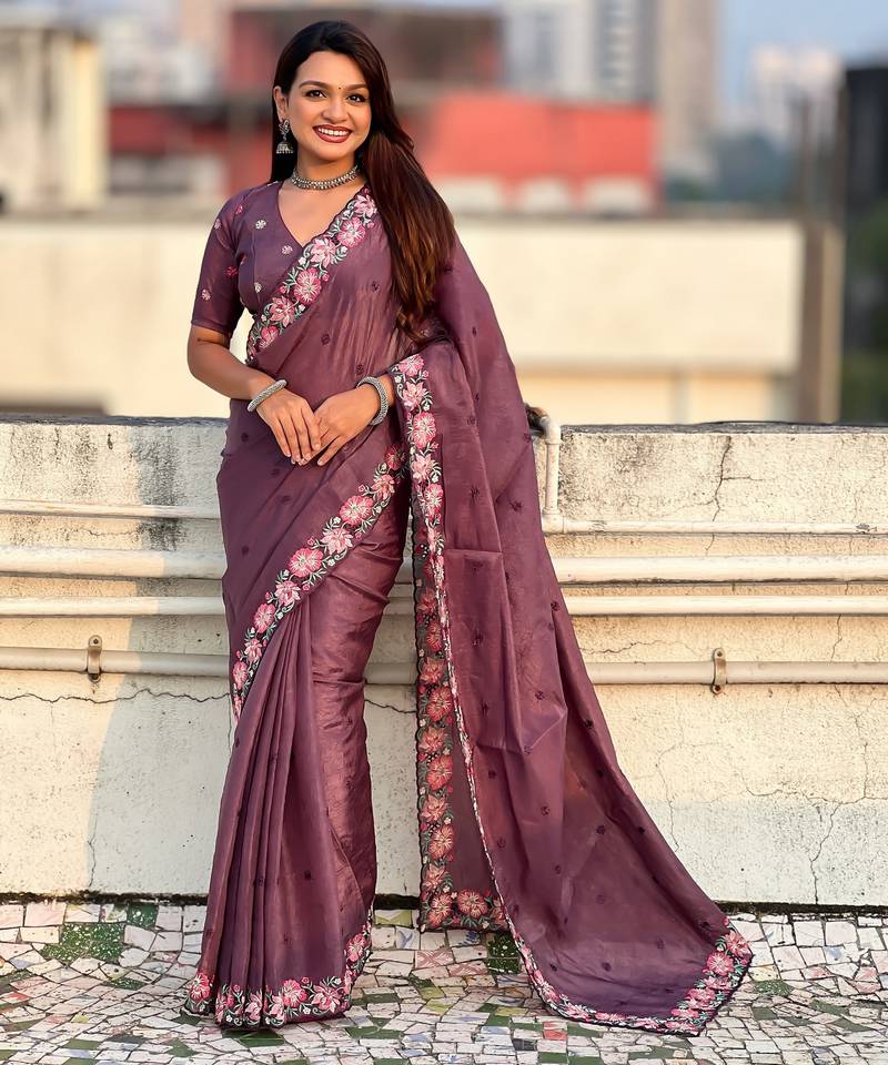 wine color crush silk blend fabric designer embroidered wedding special saree