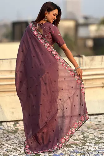 wine crush silk blend embroidered wedding special saree