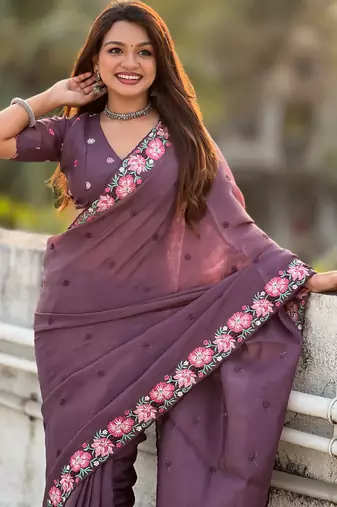 wine crush silk blend embroidered wedding special saree