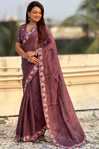 wine crush silk blend embroidered wedding special saree