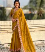 mustard color crush silk blend fabric designer embroidered wedding special saree