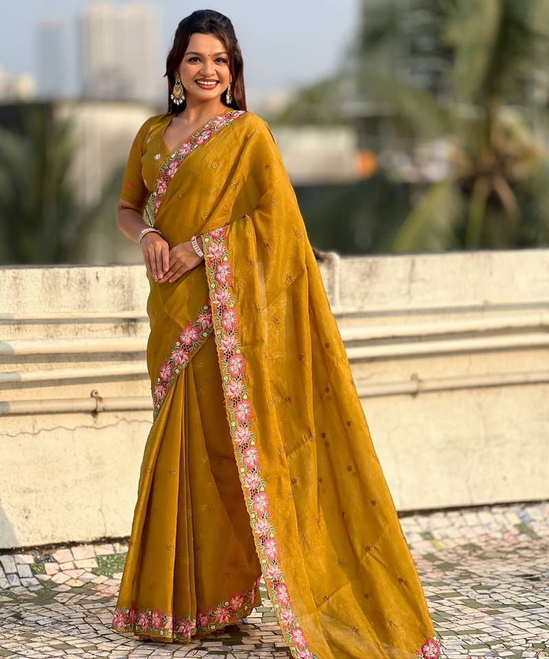 mustard color crush silk blend fabric designer embroidered wedding special saree