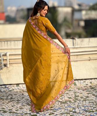 mustard crush silk blend embroidered wedding special saree 2
