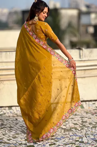 mustard crush silk blend embroidered wedding special saree