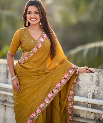 mustard crush silk blend embroidered wedding special saree 3
