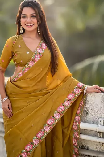 mustard crush silk blend embroidered wedding special saree