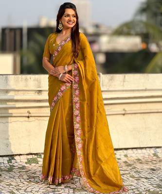 mustard crush silk blend embroidered wedding special saree 4