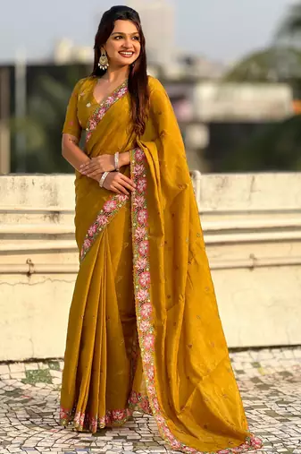 mustard crush silk blend embroidered wedding special saree