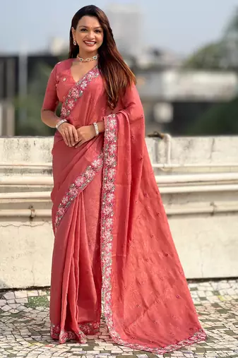 coral color crush silk blend fabric designer embroidered wedding special saree