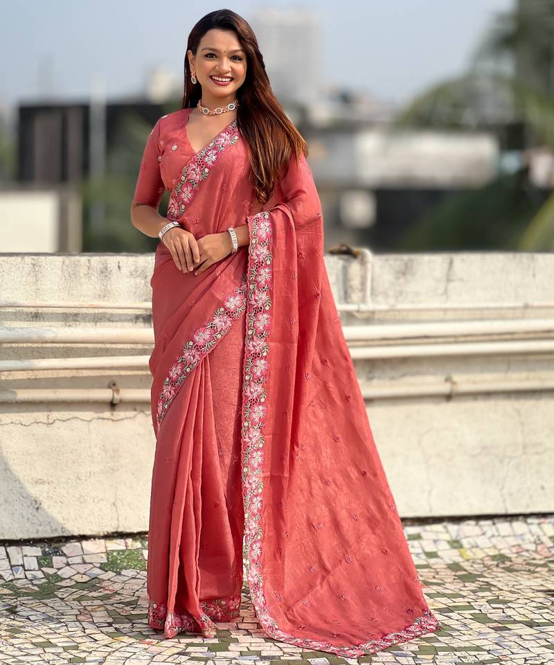 coral color crush silk blend fabric designer embroidered wedding special saree