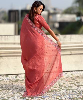 coral crush silk blend embroidered wedding special saree 2