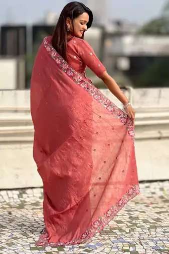 coral crush silk blend embroidered wedding special saree