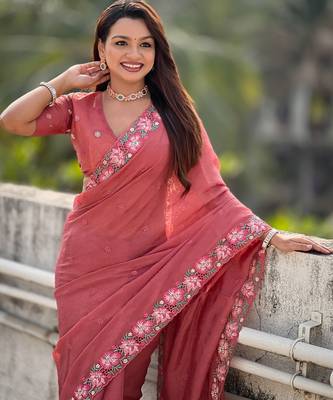 coral crush silk blend embroidered wedding special saree 3