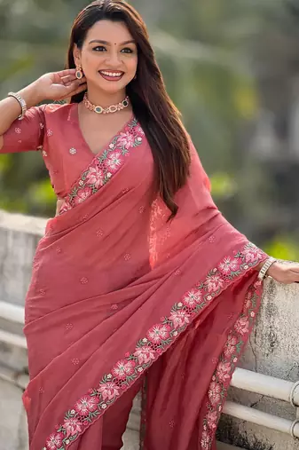 coral crush silk blend embroidered wedding special saree