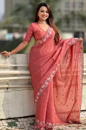 coral crush silk blend embroidered wedding special saree