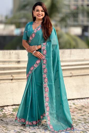 sky blue color crush silk blend fabric designer embroidered wedding special saree