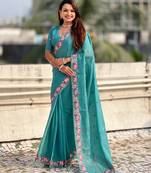 sky blue color crush silk blend fabric designer embroidered wedding special saree