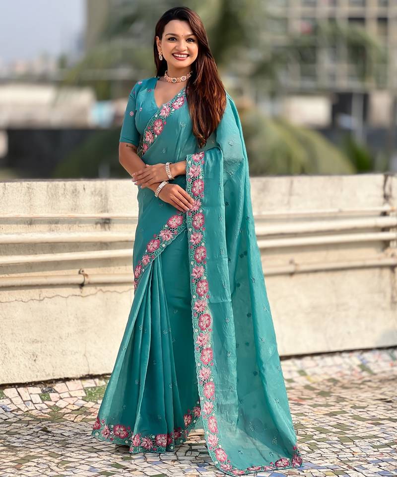 sky blue color crush silk blend fabric designer embroidered wedding special saree