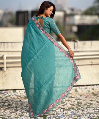 sky blue crush silk blend embroidered wedding special saree 2