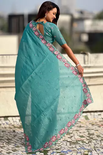 sky blue crush silk blend embroidered wedding special saree
