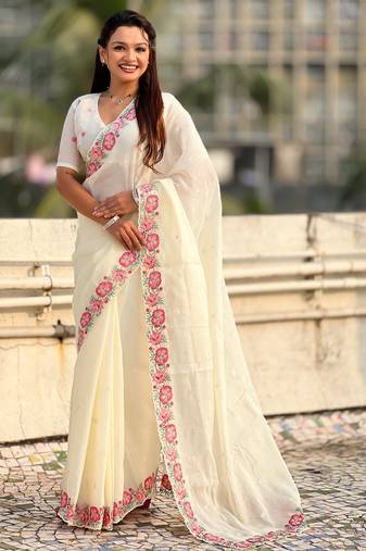 white color crush silk blend fabric designer embroidered wedding special saree