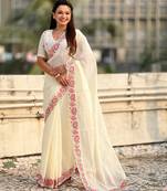 white color crush silk blend fabric designer embroidered wedding special saree