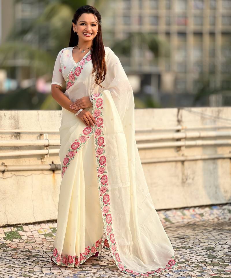 white color crush silk blend fabric designer embroidered wedding special saree