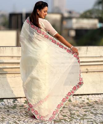 white crush silk blend embroidered wedding special saree 2