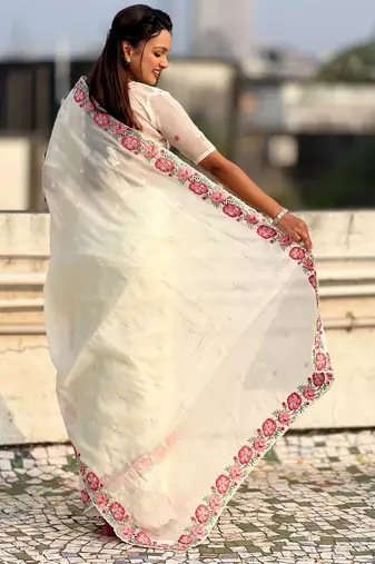 white crush silk blend embroidered wedding special saree