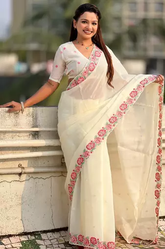 white crush silk blend embroidered wedding special saree