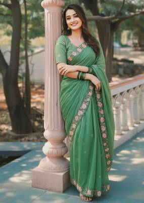 green crush silk blend embroidered wedding special saree 1