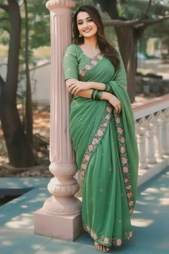 green color crush silk blend fabric designer embroidered wedding special saree